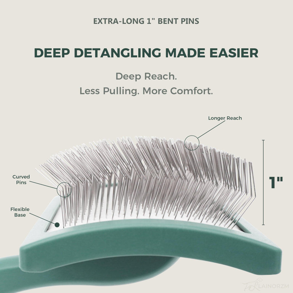 Doodle Slicker Brush for Dogs features extra-long bent pins for deep detangling, specially curated by Curat Cart for comfort.