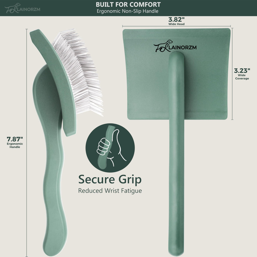 Doodle Slicker Brush for Dogs features an ergonomic design for comfort and reduced wrist fatigue, perfect for daily grooming. Available at Curat Cart.