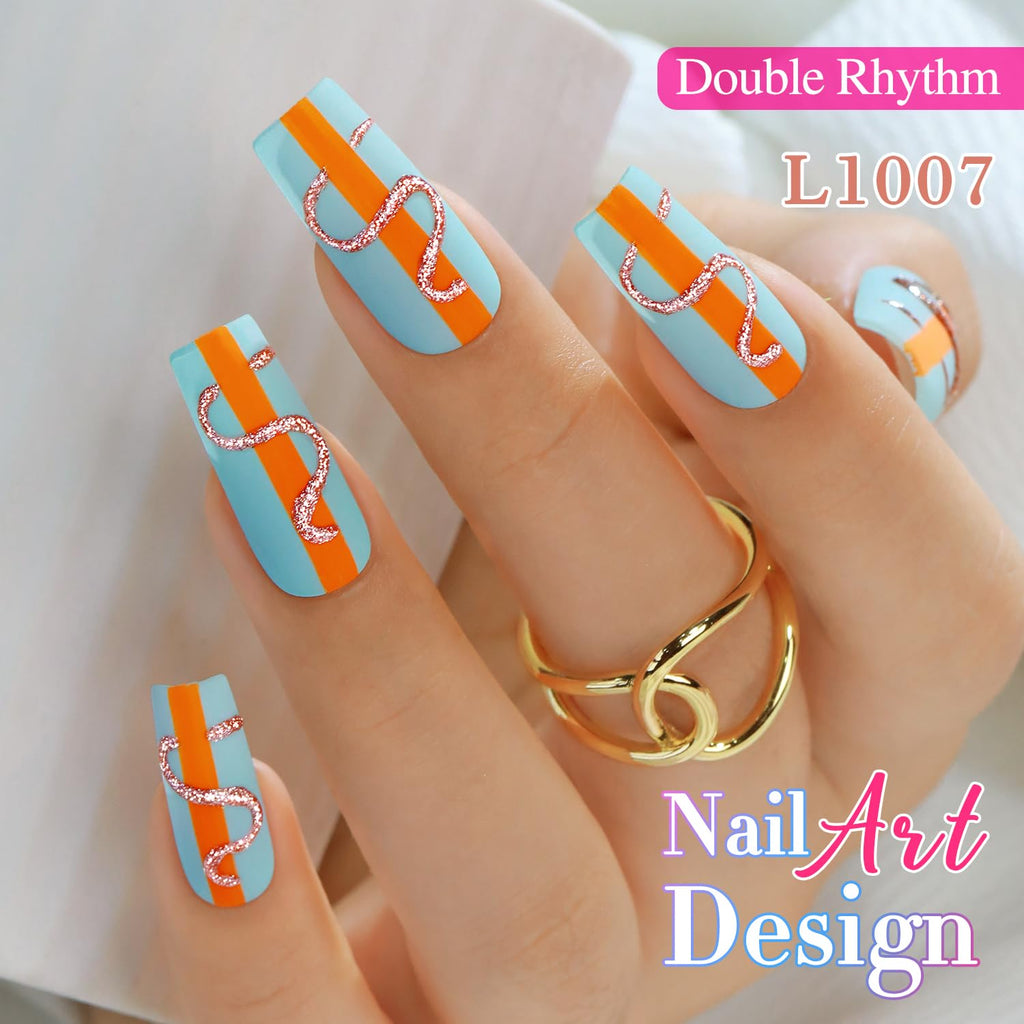 Stunning Double Rhythm 15ml metallic gel liner applied on beautifully manicured nails. Premium quality for nail art enthusiasts.
