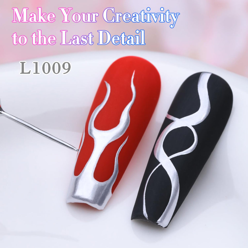 Showcasing red and black nail designs featuring silver metallic gel liner details. Verified by CuratCart.
