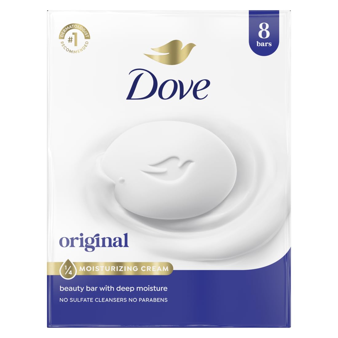 Authentic Dove Beauty Bar Soap Original, enriched with moisturizing cream for deep hydration. Pack of 8 bars.