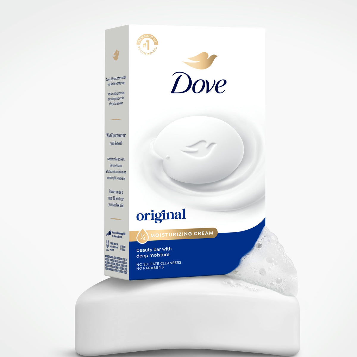 Pack of 3 Dove Original Beauty Bar Soaps, known for deep moisture and soothing skin. Paraben-free, sulfate-free, and in original packaging.