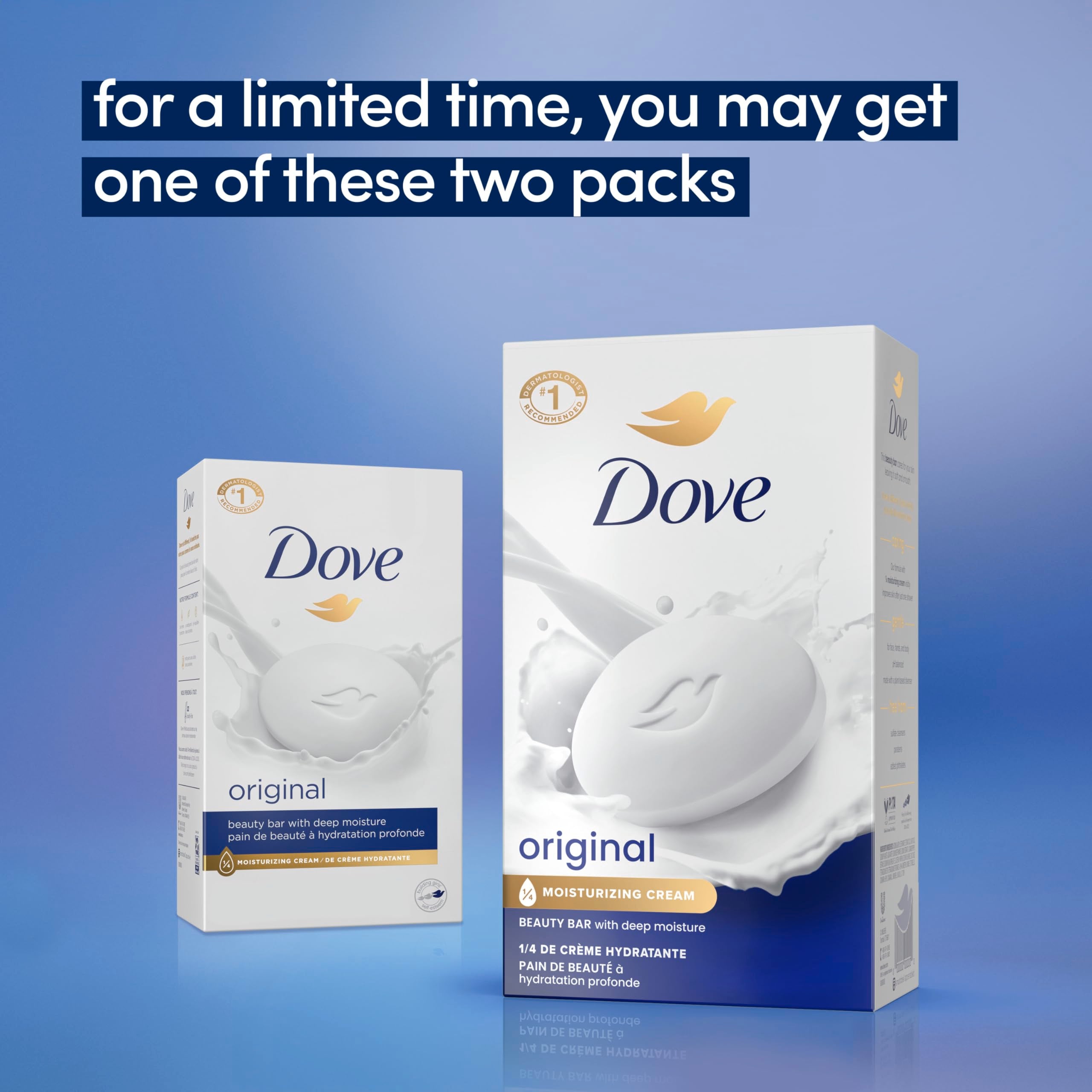 Dove Original Beauty Bar Soap with moisturizing cream, two packs displayed, globally recognized for skin hydration.