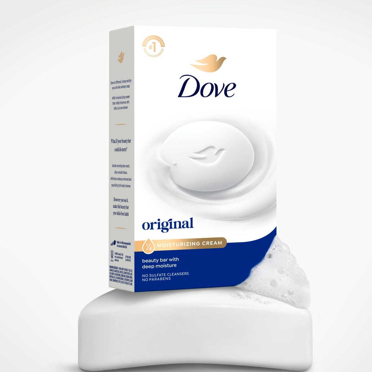 Dove Original Beauty Bar Soap pack of 3, promoting moisturizing cream for soft, nourished skin. No sulfates, no parabens.