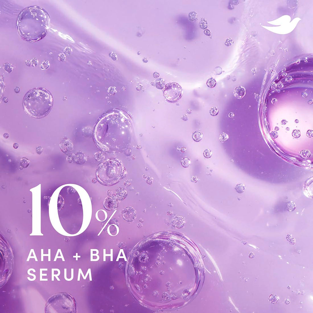 Dove KP Bump Body Scrub featuring a vibrant, purple serum with bubbles and the text '10% AHA + BHA', verified by CuratCart.