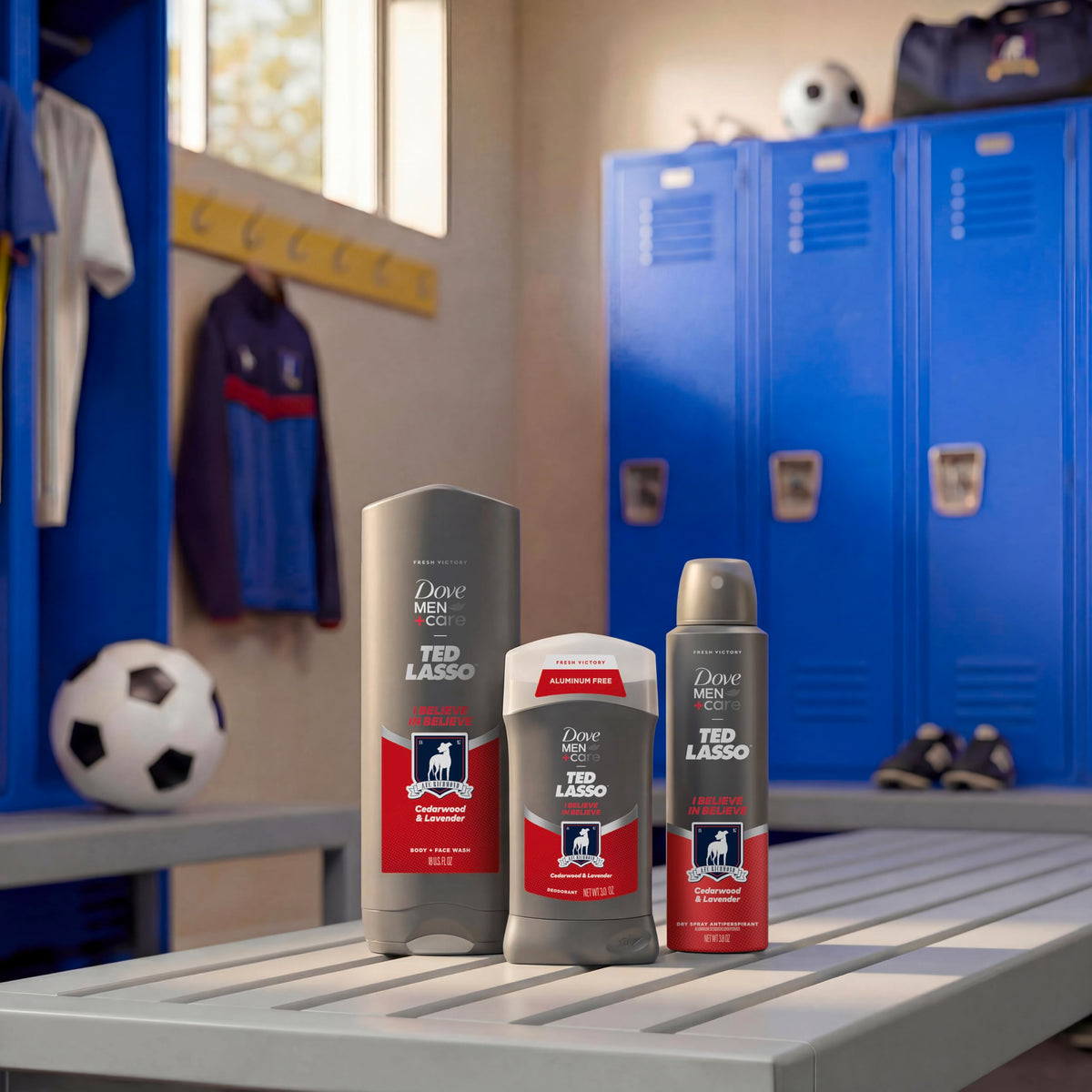 DOVE MEN Believe Body Wash, a premium import, showcased in a vibrant locker room setting. Available at Curat Cart.