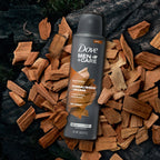 Discover Dove Men Care Dry Spray Antiperspirant in official packaging, featuring soothing sandalwood and orange. Available at Curat Cart.