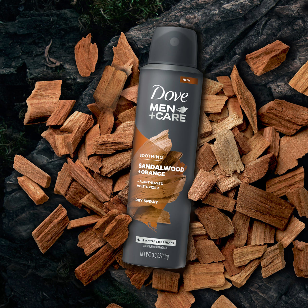 Discover Dove Men Care Dry Spray Antiperspirant in official packaging, featuring soothing sandalwood and orange. Available at Curat Cart.