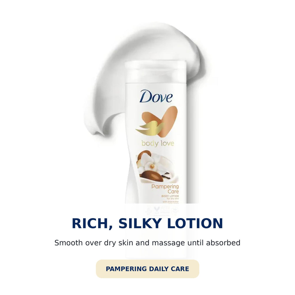 Dove Pampering Care Body Lotion offers rich, silky hydration. 100% Authentic and available at Curat Cart in India.