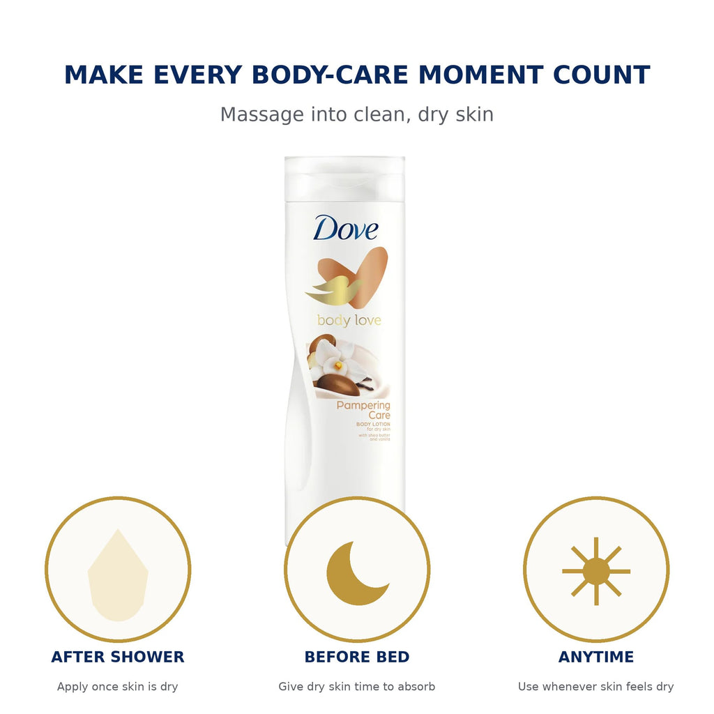 Dove Pampering Care Body Lotion in official packaging, perfect for nourishing dry skin. Available at Curat Cart.