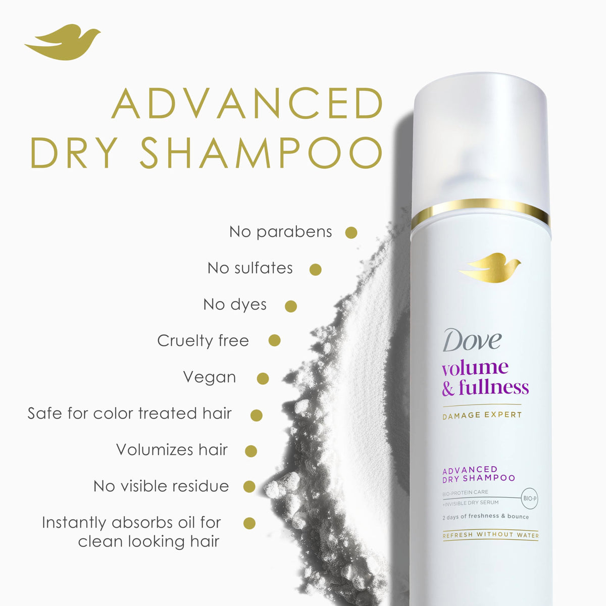 Dove Volume & Fullness Dry Shampoo, cruelty-free and vegan. Verified by CuratCart for quality and trust.