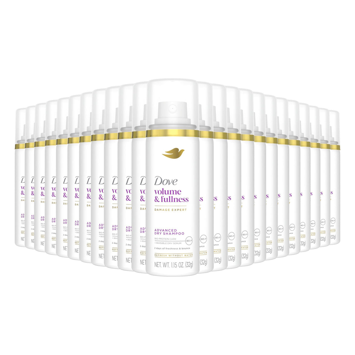 A collection of Dove Volume & Fullness Dry Shampoo bottles, showcasing original packaging for effortless hair volume.