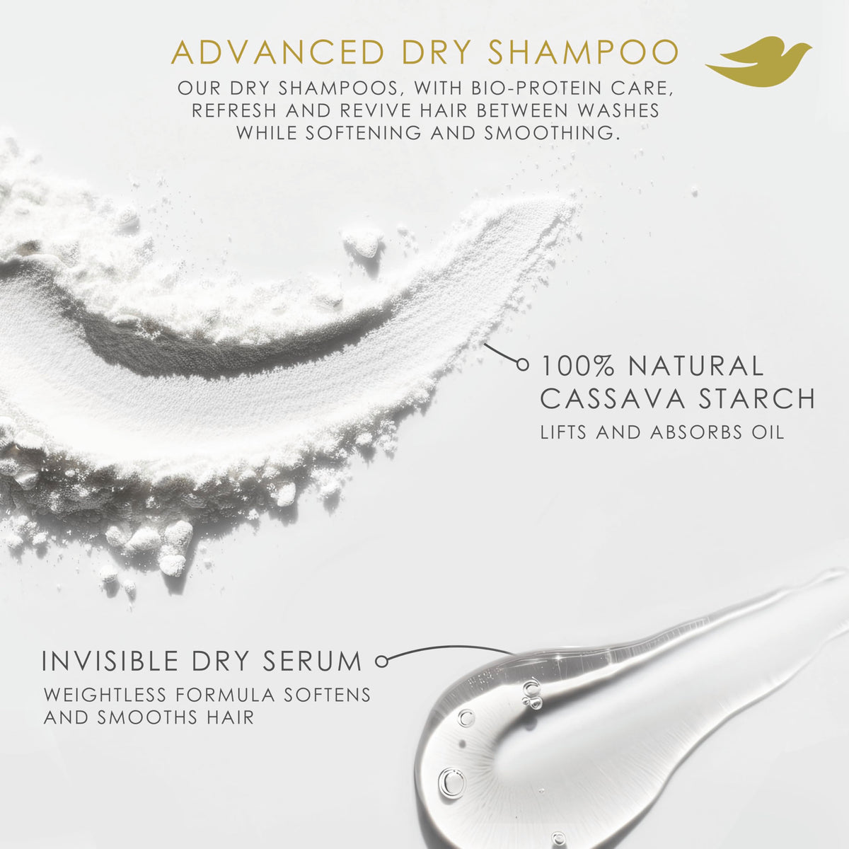 Dove Volume & Fullness Dry Shampoo featuring natural cassava starch for oil absorption and an invisible dry serum for soft, smooth hair.