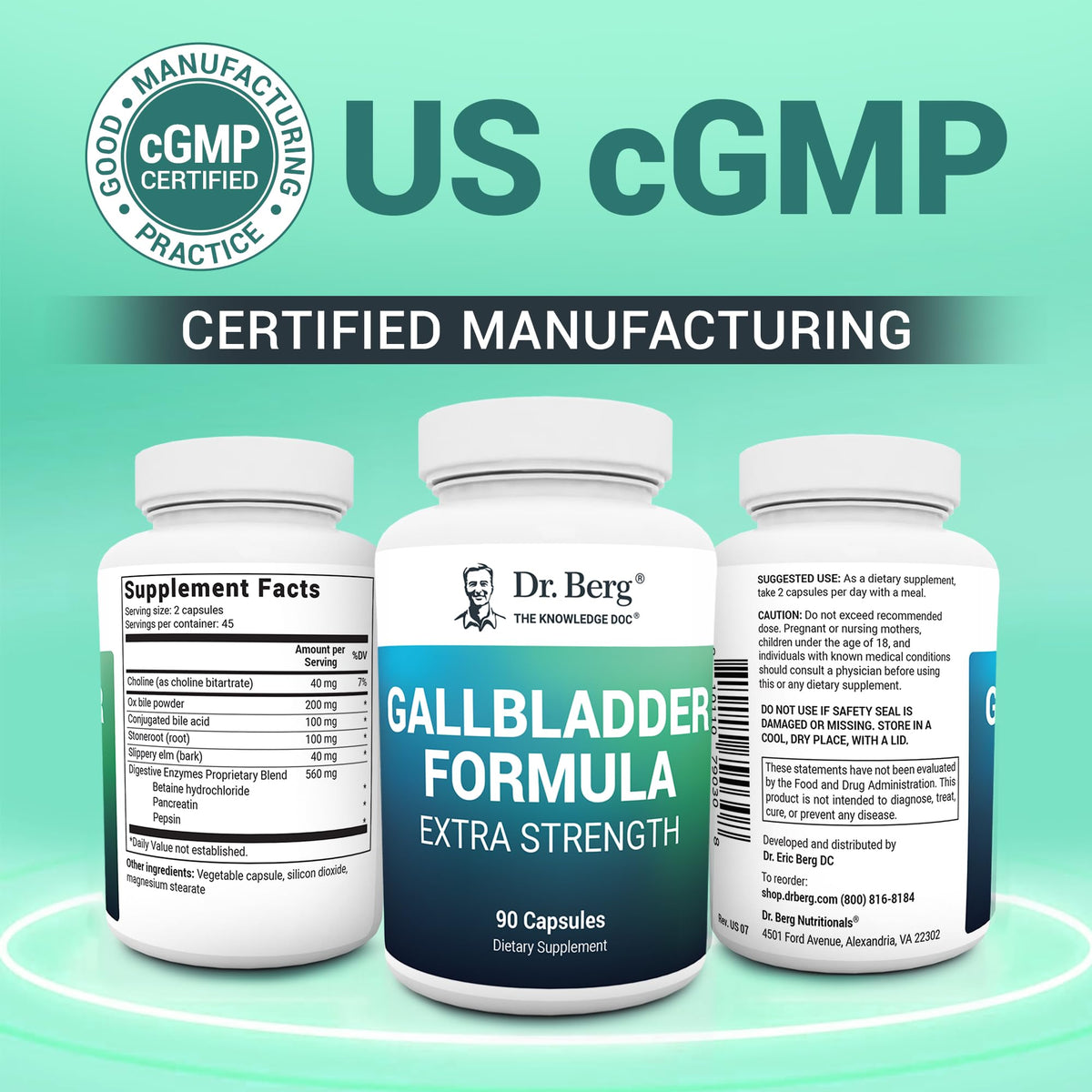 Dr. Berg Gallbladder Formula Extra Strength, 90 capsules, certified manufacturing, original packaging, dietary supplement.