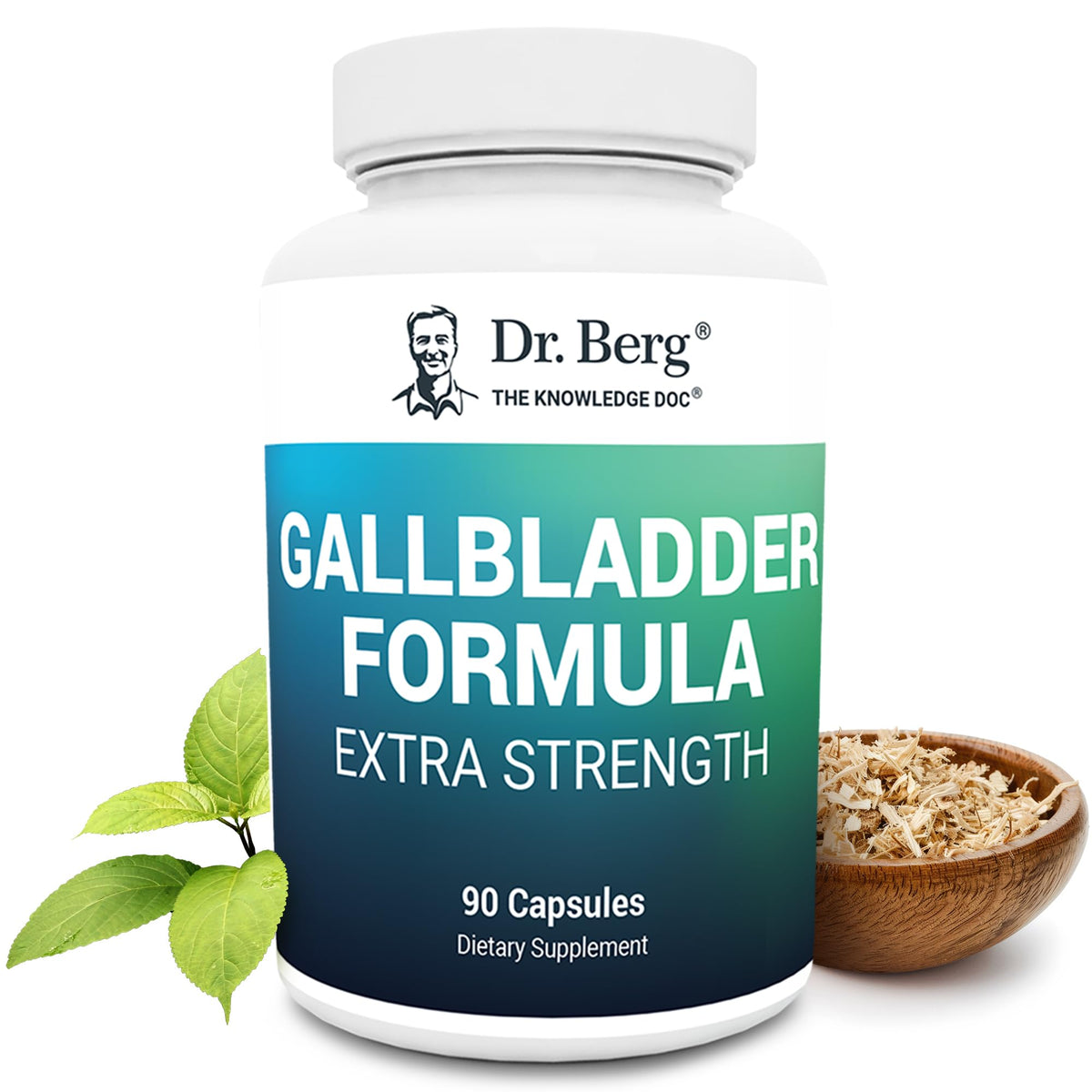 Dr. Berg's Gallbladder Formula Extra Strength in a bottle with 90 capsules, accompanied by herbal ingredients.