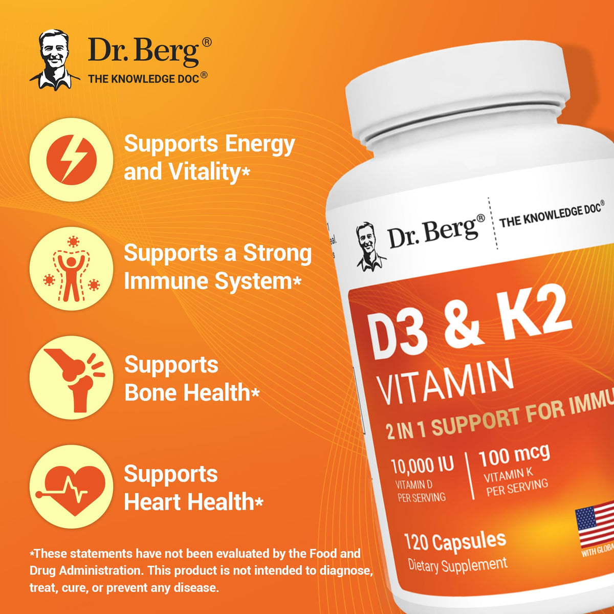 Premium imported Dr. Berg D3 & K2 capsules support energy, immune, bone, and heart health with 120 capsules.