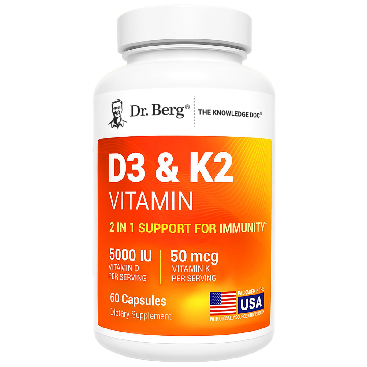 Dr. Berg's 100% Genuine D3 & K2 Vitamin supplement, 5000 IU of Vitamin D and 50 mcg of Vitamin K, 60 capsules.