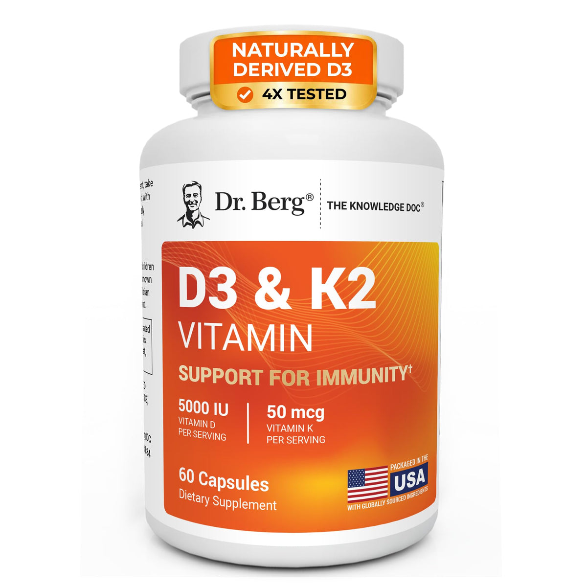 100% Genuine Dr. Berg Vitamin D3 & K2 supplement, 5000 IU D3 and 50 mcg K2 per serving, 60 capsules, naturally derived.