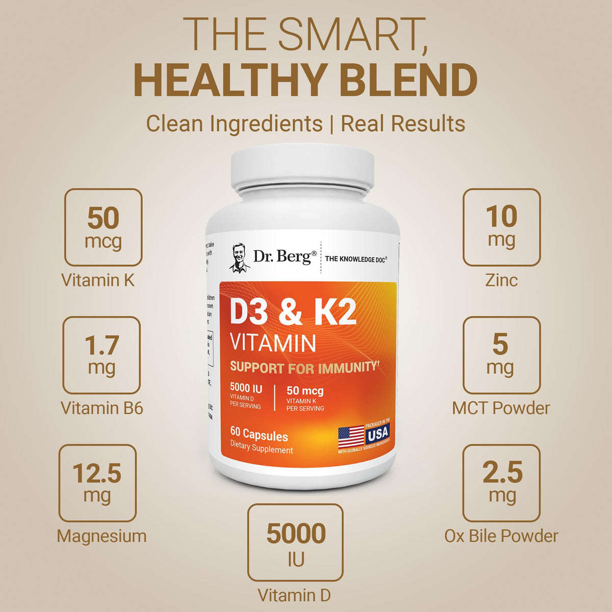 Dr. Berg's D3 & K2 supplement bottle showcases a clean design with detailed ingredient information for optimal health.