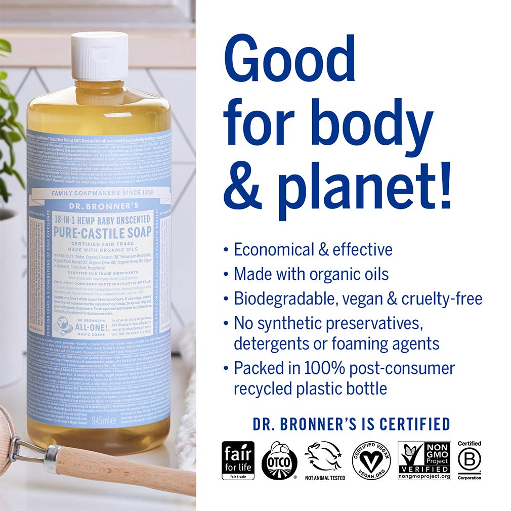 Premium imported Dr. Bronner's Pure-Castile Liquid Soap, made with organic oils, vegan and eco-friendly packaging.