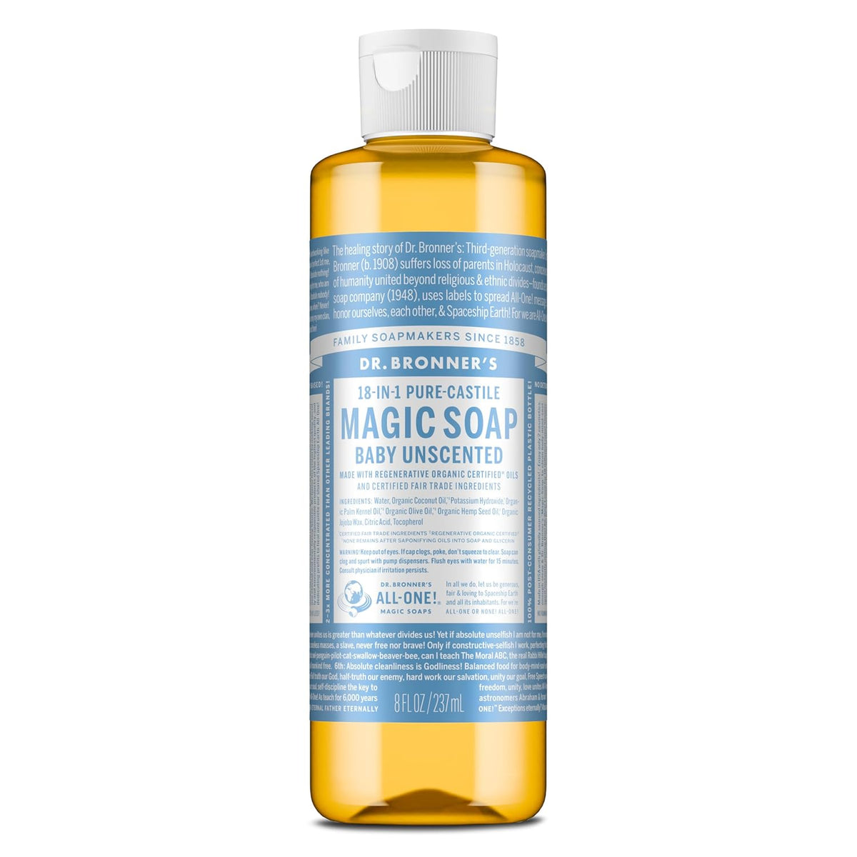 Authentic Dr. Bronner's Baby Unscented Pure-Castile Liquid Soap, 18-in-1 versatile cleaner for all your needs.