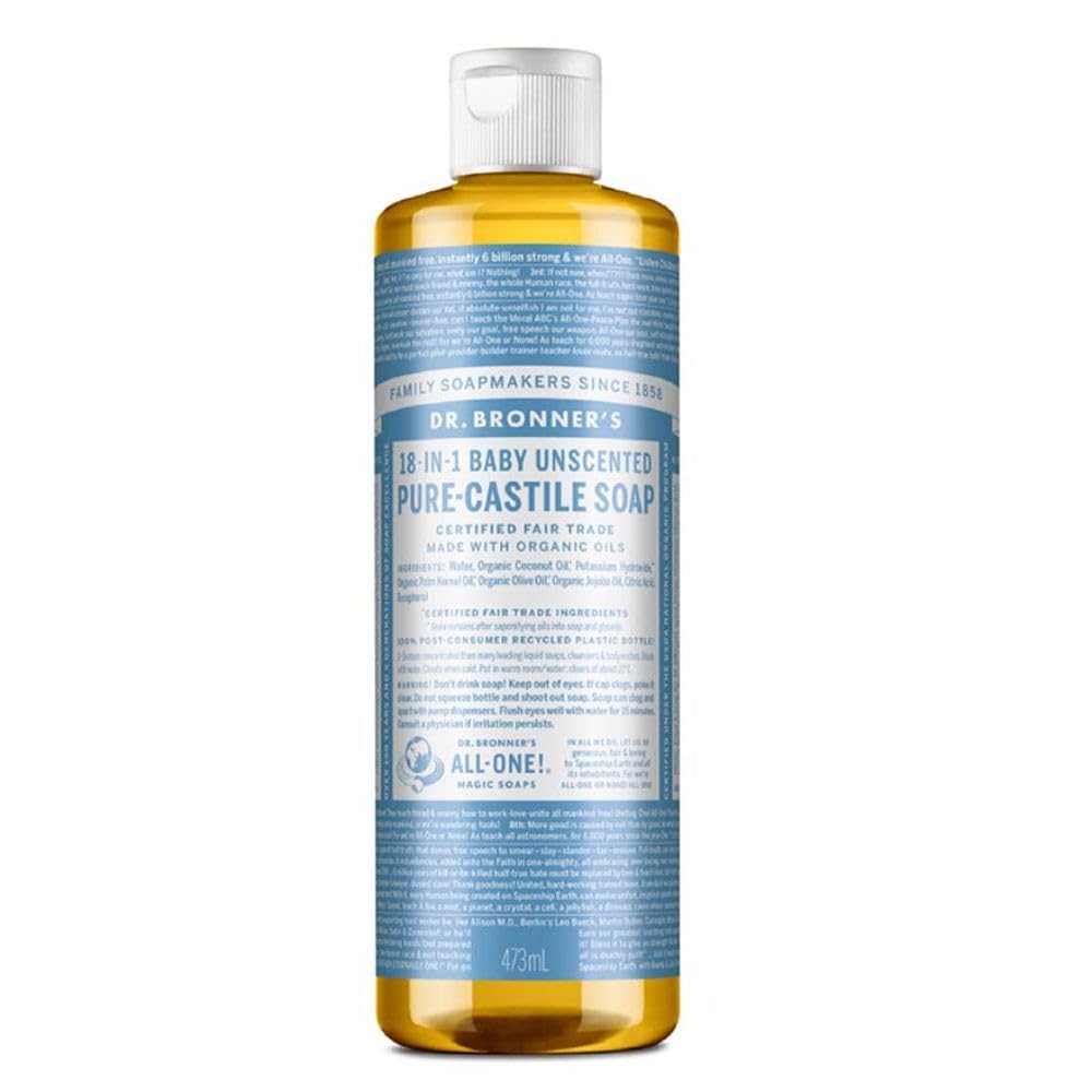 Premium imported Dr. Bronner's Pure-Castile Liquid Soap, unscented, made with organic oils for versatile use.