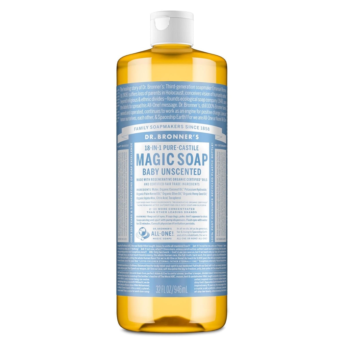 Dr. Bronner's 18-in-1 Pure-Castile Liquid Soap in a clear bottle, highlighting its magic soap formulation for babies.