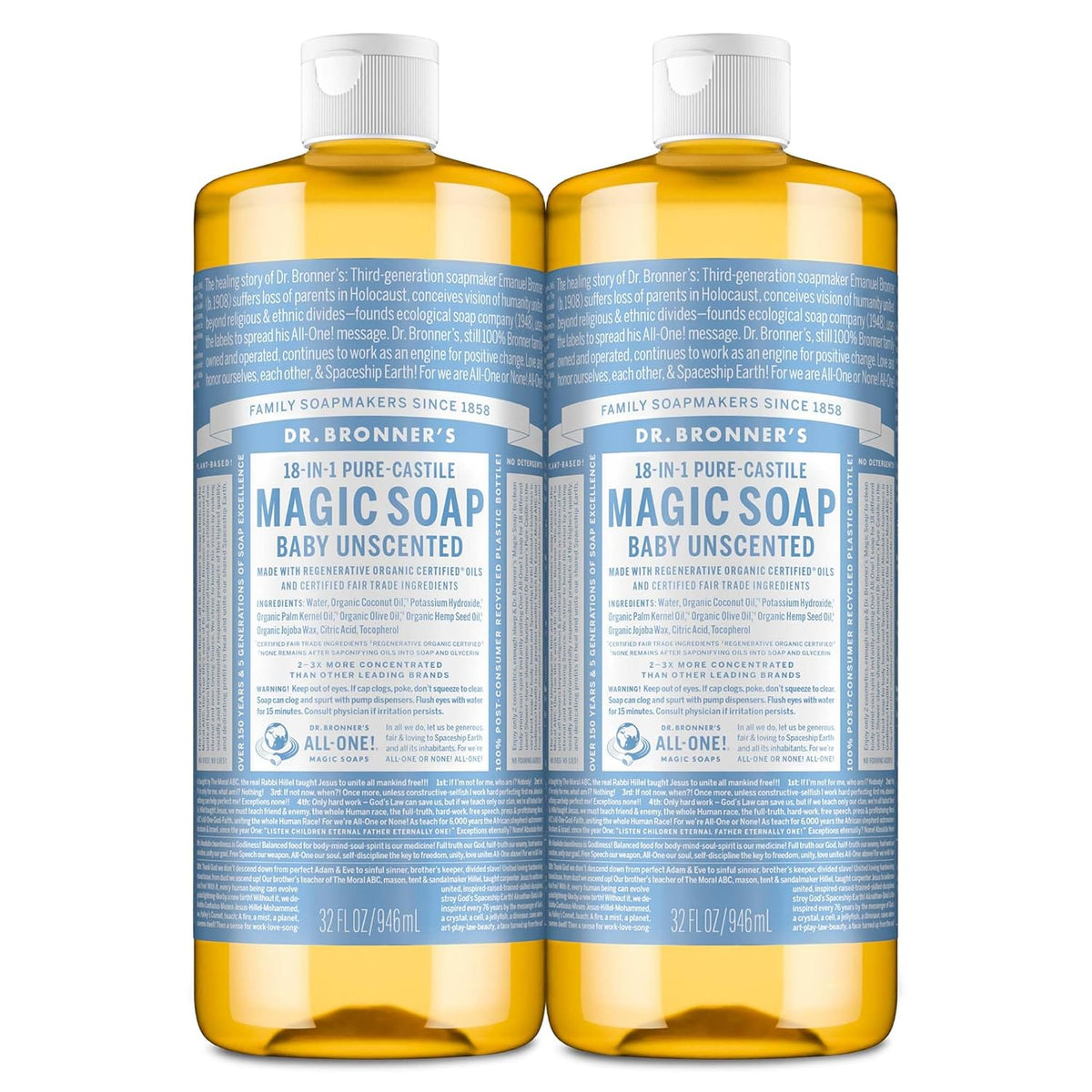 Authentic Dr. Bronner's Pure-Castile Liquid Soap, 32 oz bottles, gentle and unscented for versatile use. 100% Genuine product.