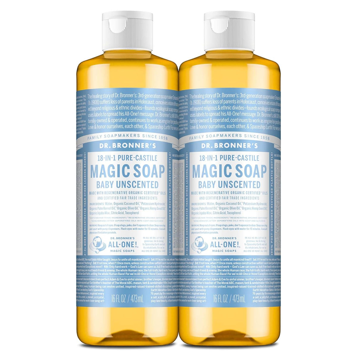 Dr. Bronner's Pure-Castile Liquid Soap, Baby Unscented, 18-in-1. Verified by CuratCart for quality assurance.