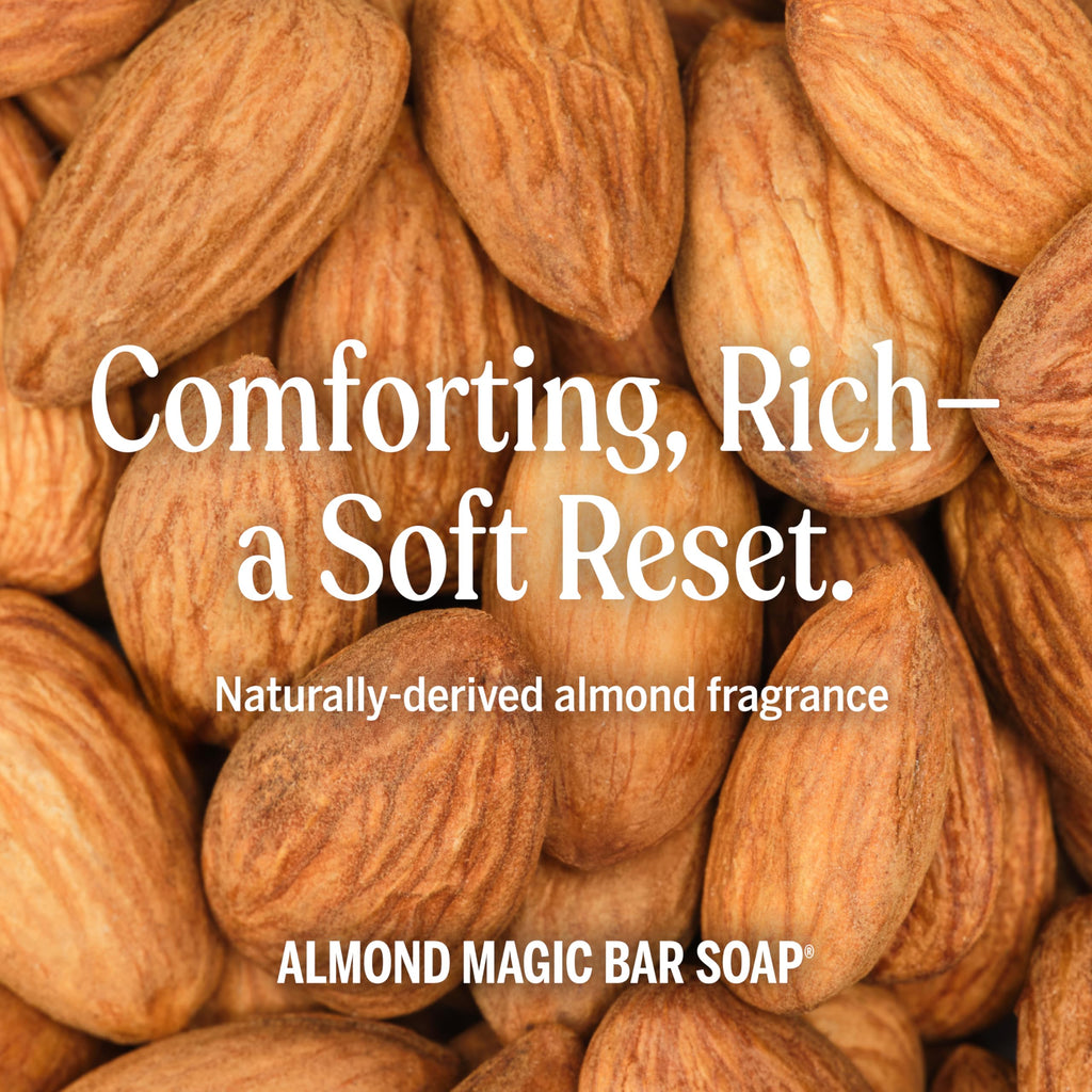 Dr. Bronner's Almond Magic Bar Soap offers a naturally-derived fragrance, designed for a comforting and rich experience.
