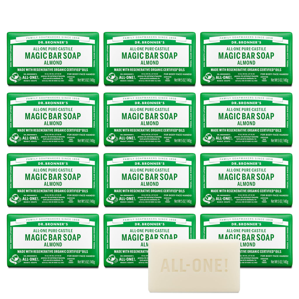 12-pack of Dr. Bronner's Pure-Castile Bar Soap in Almond scent. Premium organic soap, globally loved for quality.