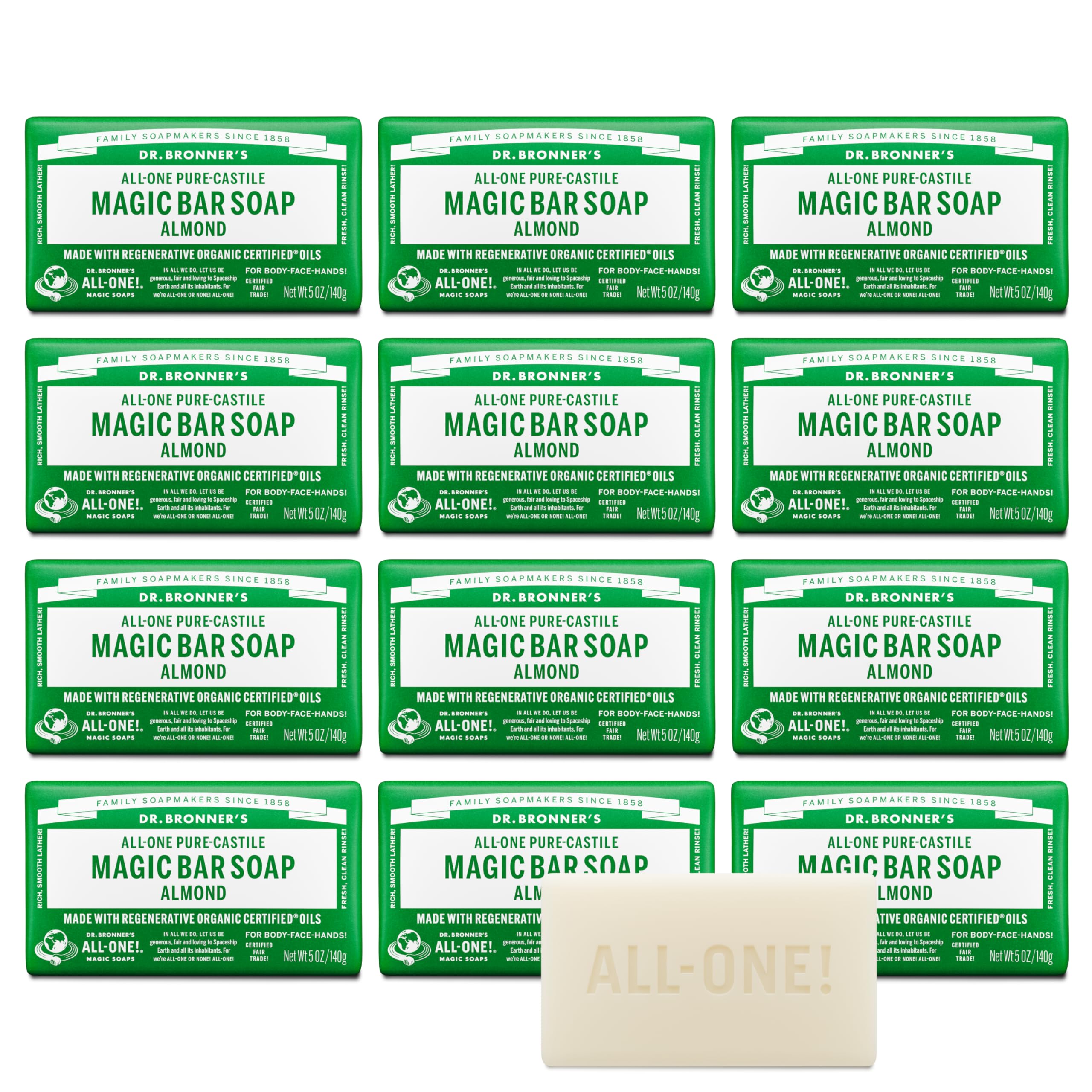 12-pack of Dr. Bronner's Pure-Castile Bar Soap in Almond scent. Premium organic soap, globally loved for quality.