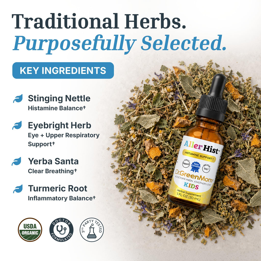 Dr. Green Mom Aller Hist Kids Support, perfect for daily use, features traditional herbs for histamine balance. Available at Curat Cart.