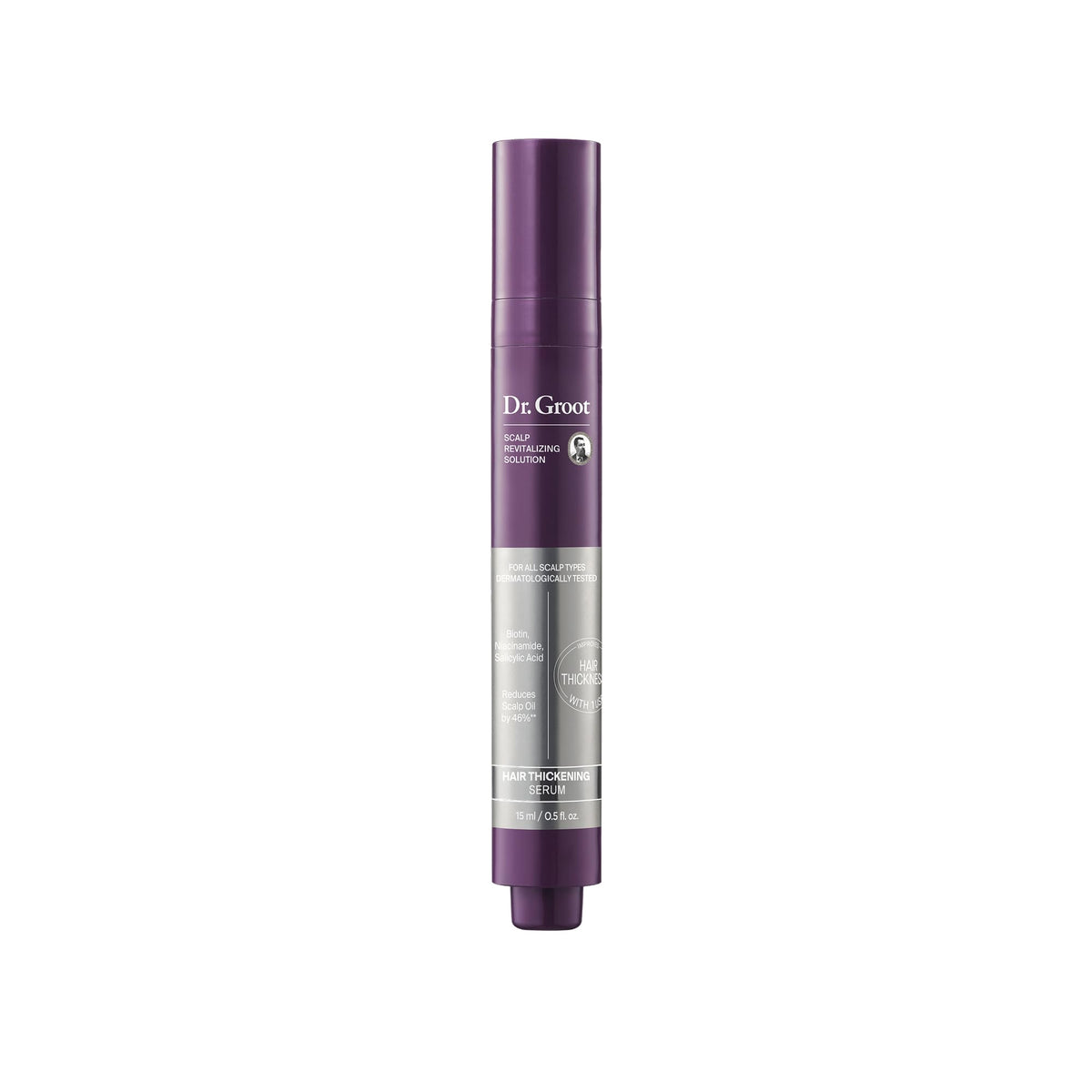 Original Dr. Groot Hair Thickening Serum in a sleek purple bottle, designed for fuller, thicker hair.