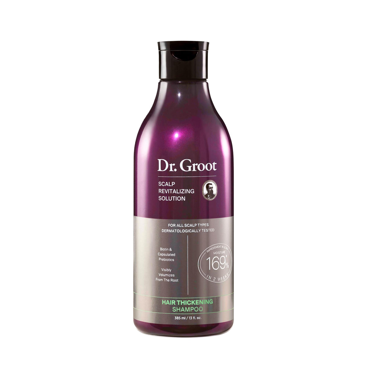 Premium imported Dr. Groot Hair Thickening Shampoo, revitalizing solution for all scalp types, enhances hair visibility.