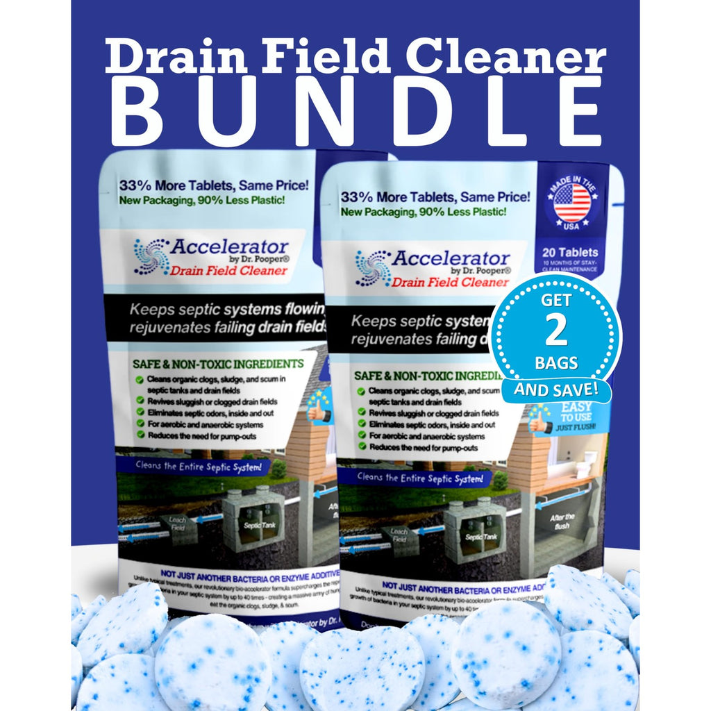 Dr. Pooper Drain Field Cleaner bundle in official packaging, featuring non-toxic ingredients for rejuvenating septic systems. Available at Curat Cart.