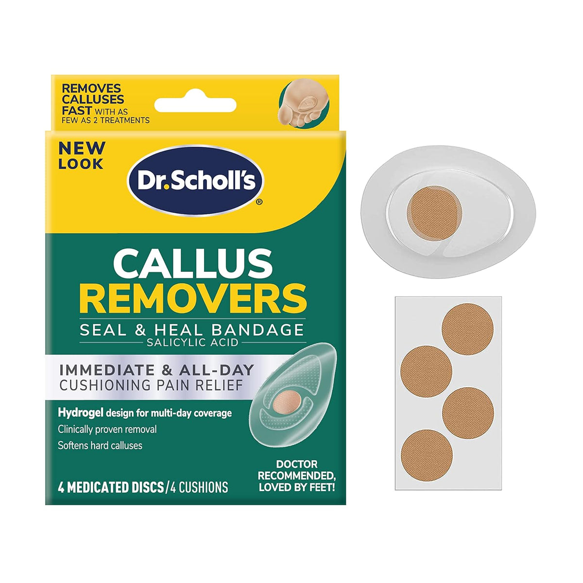 Dr. Scholl's Callus Remover Bandage, 4 medicated discs for effective pain relief. Verified by CuratCart for quality assurance.