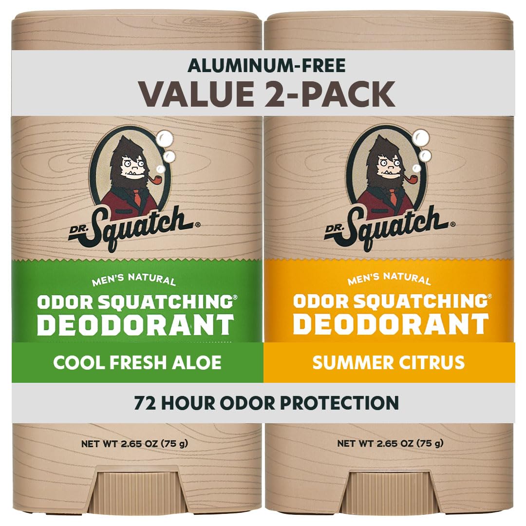 Authentic Dr. Squatch Natural Deodorant 2-pack with Cool Fresh Aloe and Summer Citrus, offering 72-hour odor protection.