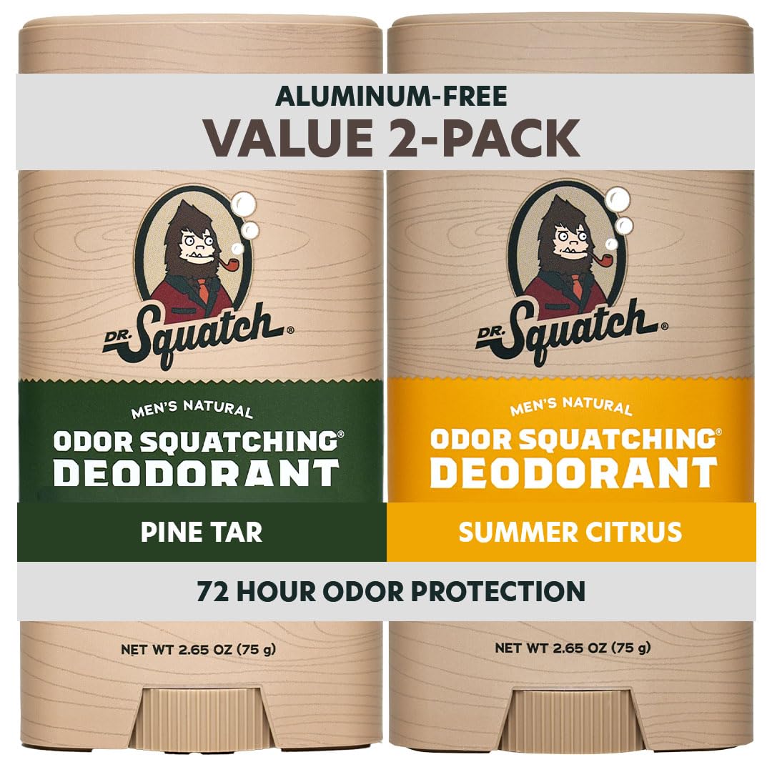 Dr. Squatch Natural Deodorant value 2-pack featuring Pine Tar and Summer Citrus scents for 72-hour odor protection.