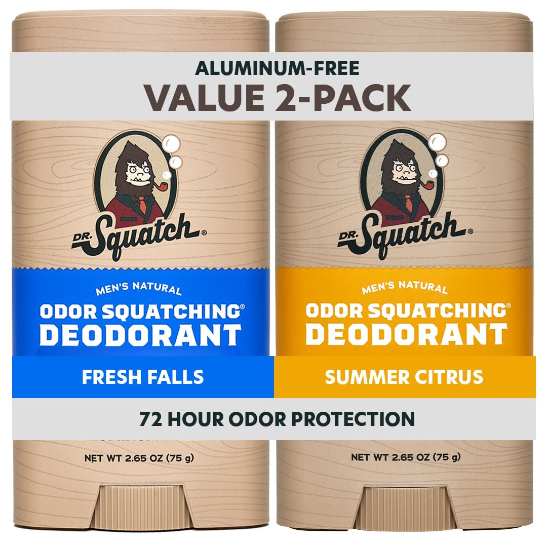 Premium imported Dr. Squatch Natural Deodorant bundle offering Fresh Falls and Summer Citrus scents for 72-hour odor protection.