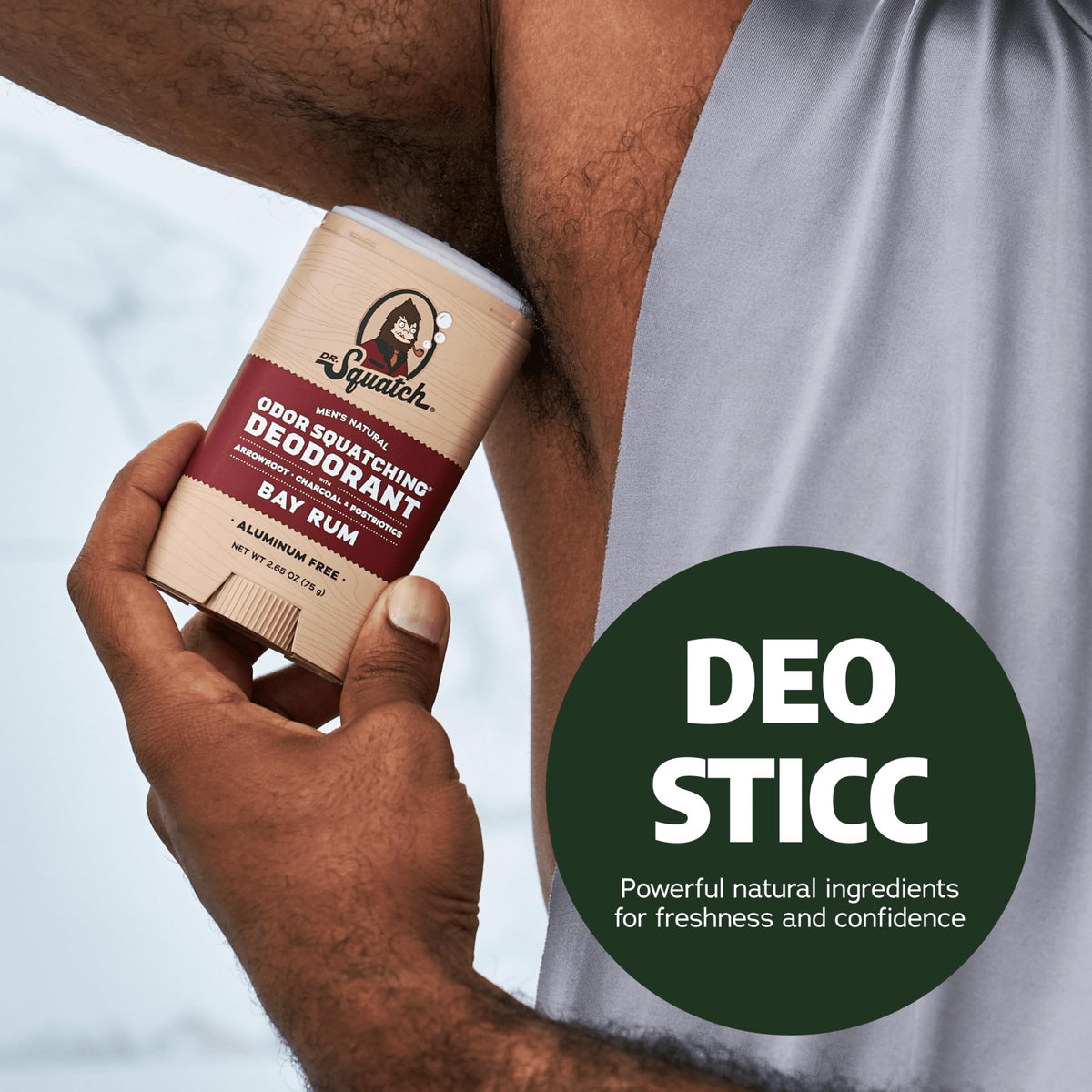Dr. Squatch Natural Deodorant, Bay Rum scent, promotes freshness and confidence. Verified by CuratCart for quality assurance.