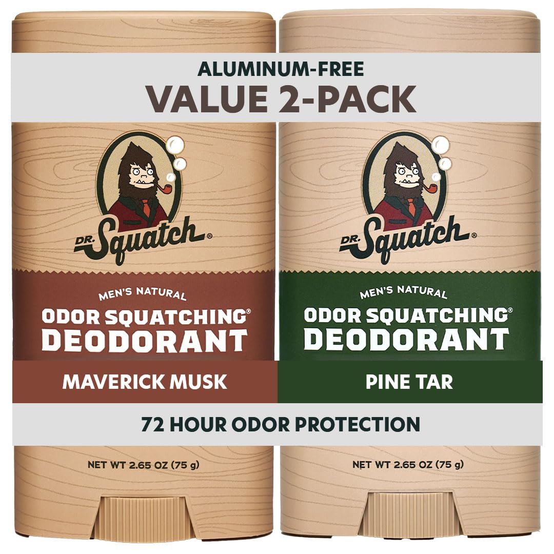 Authentic Dr. Squatch Natural Deodorant 2-pack featuring Maverick Musk and Pine Tar, aluminum-free, 72-hour odor protection.