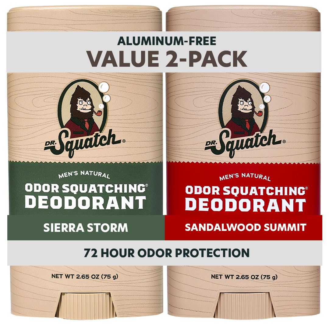 Dr. Squatch Natural Deodorant 2-pack offers Sierra Storm and Sandalwood Summit scents. Verified by CuratCart for quality assurance.