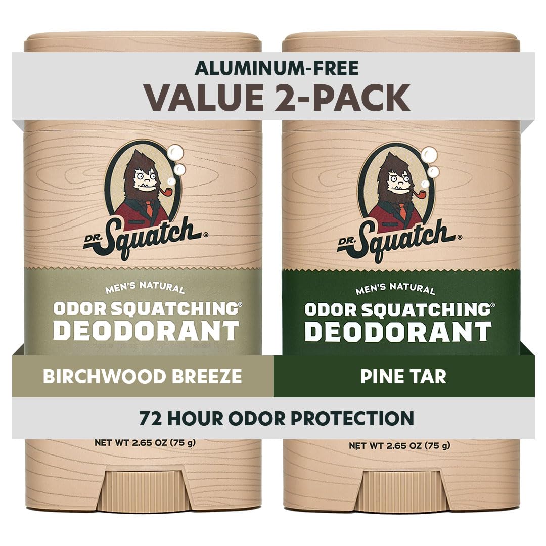 100% Genuine Dr. Squatch Natural Deodorant, Birchwood Breeze and Pine Tar, 72-hour odor protection, aluminum-free.