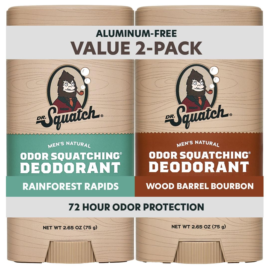 Premium imported Dr. Squatch natural deodorants, Rainforest Rapids and Wood Barrel Bourbon, 72-hour odor protection.
