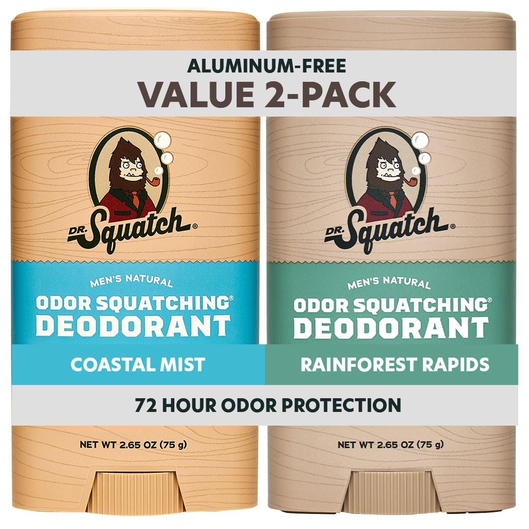 Dr. Squatch Natural Deodorant 2-pack featuring Coastal Mist and Rainforest Rapids, offering 72-hour odor protection.