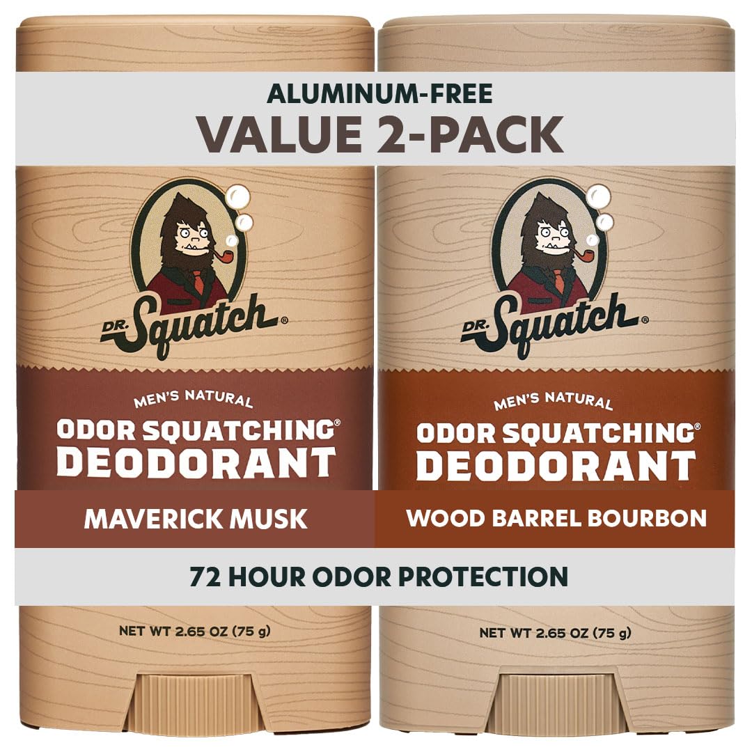 Dr. Squatch Natural Deodorant 2-pack featuring Maverick Musk and Wood Barrel Bourbon, offering 72-hour odor protection.