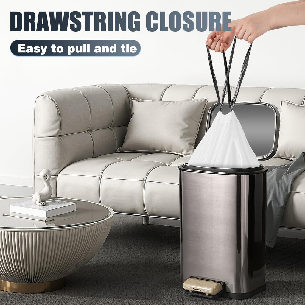 Premium drawstring trash bags in official packaging, designed for easy handling and disposal. Available at Curat Cart.