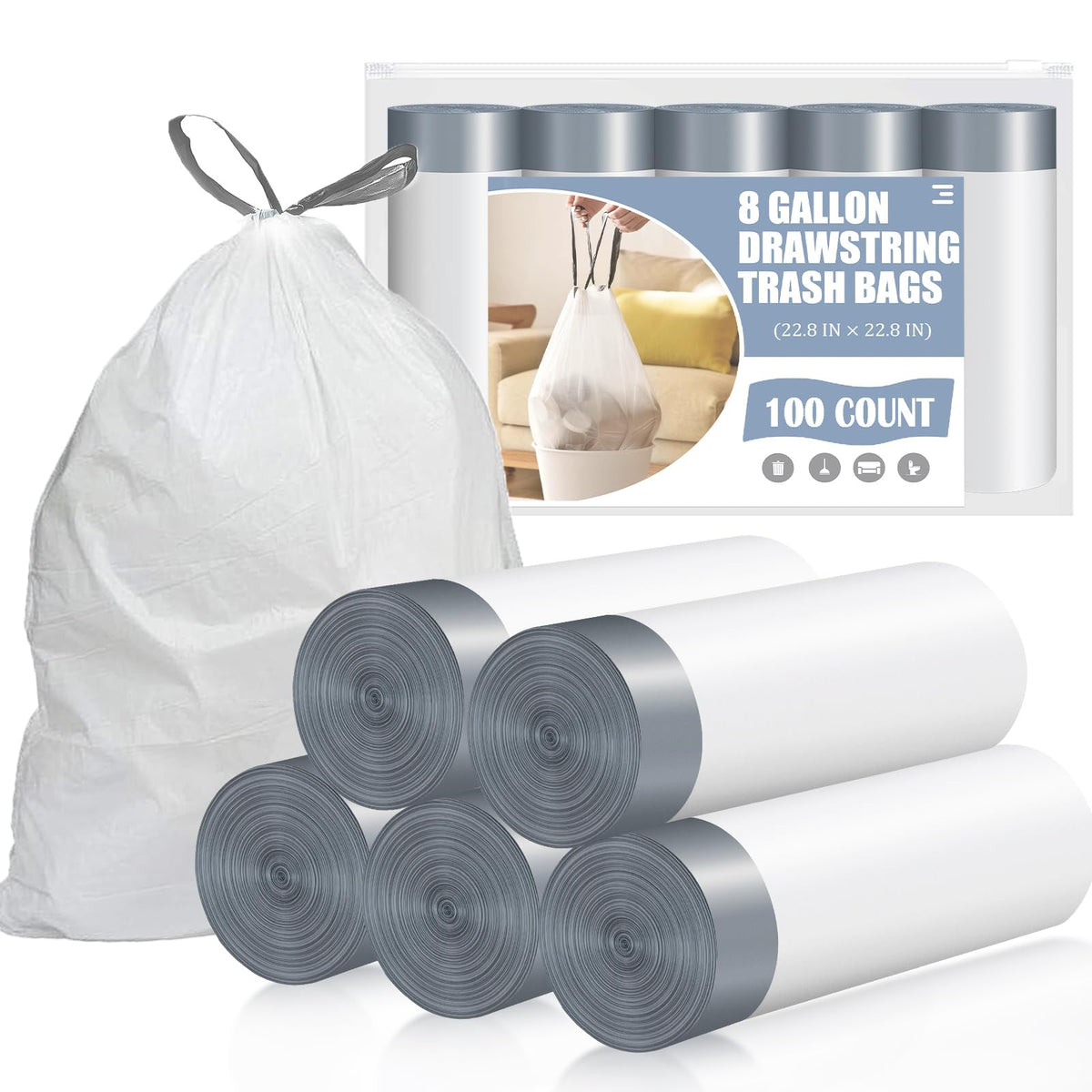 Premium imported 8-gallon drawstring trash bags from Curat Cart, featuring a convenient 100 count for easy disposal.