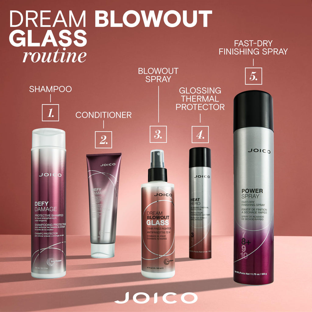 Stylish Joico Dream Blowout Glass set, featuring shampoo, conditioner, and finishing sprays. Premium imported hair care for lasting shine.